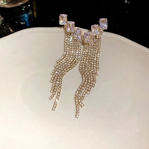 Gros plan de longues boucles d'oreilles à franges strassées sur plat céramique