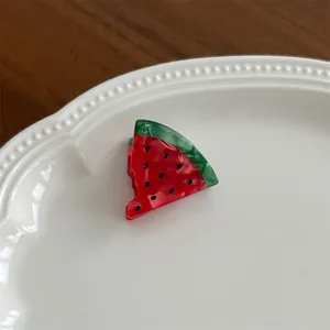 Macro shot of watermelon hair clip with red and green acetate texture on white plate
