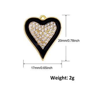 Exquisite gold-plated heart pendant with black enamel and white zircon, 20x17mm size