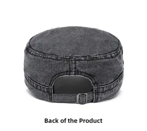 Vue arrière détaillée d'une casquette plate gris foncé délavée avec boucle métallique réglable