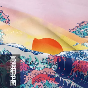 Dettaglio macro della stampa Ukiyo-e con onde su tessuto strutturato per arazzi