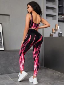 Detail of high-stretch yoga set with seamless gradient flame print and backless bra