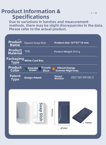 Technical specifications for the square TPR soap dish showing dimensions and four colors