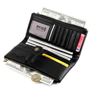 Detail of RFID-protected leather long wallet with multi-card slots and embossed rose clasp