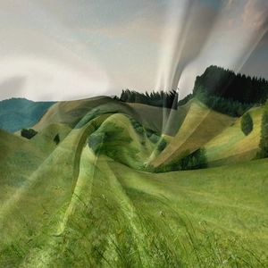 Detailed view of the soft green landscape fabric featuring realistic hills and forests