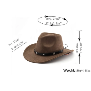 Brown faux suede western cowboy hat with size chart for head circumference 58cm and 7cm brim