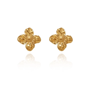 Golden irregular liquid metal flower stud earrings with 18K gold plated texture