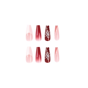 Long coffin Christmas press-on nails with white French tips, snowflakes and red gradients