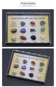 Macro view of 12 natural crystal and mineral specimens in a labeled acrylic display box