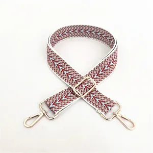 Ethnic geometric cotton guitar style shoulder strap with gold metal hooks for handbags