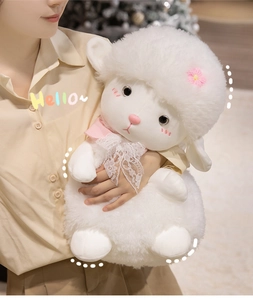 Close-up of a cute white plush lamb with pink flowers and a lace bow tie held by a model