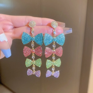 Colorful Rhinestone Bow Dangle Earrings With Silver Earring Post Luxury Long Tassel Fashion Jewelry For Women