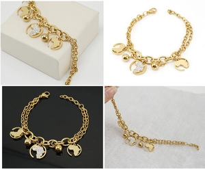 Vue détaillée du bracelet en acier doré avec breloques carte d'Afrique et petits cristaux