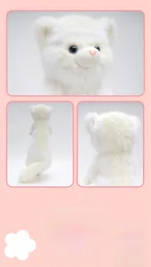 Close-up of white plush ferret toy with realistic blue eyes and soft faux fur texture