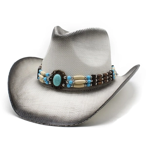 Chapeau de paille cowboy avec perles ethniques et bord ombré pour plage et soleil