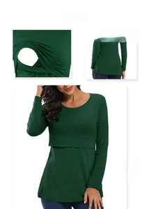 Detail view of dark green nursing top featuring functional double-layer nursing openings