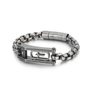 Industrial vintage cuban chain bracelet for men with geometric hollow cross clasp detail