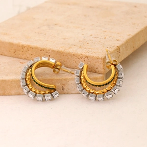 Elegant gold-tone double-layer C-shaped earrings with emerald and clear zircon inlay