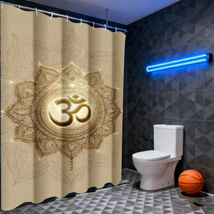 Detail of champagne gold mandala shower curtain with metallic Om symbol in bathroom
