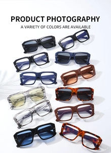 Collection of square sunglasses and clear lens glasses in various colors like tortoiseshell