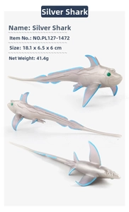 Three angles of a realistic silver chimaera ghost shark model toy measuring 18cm long