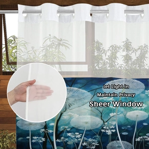 Waterproof floral sheer grommet curtain with blue flower print and semi-transparent mesh
