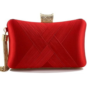 Elegant red satin evening clutch with metallic tassel and sparkling rhinestone buckle clasp