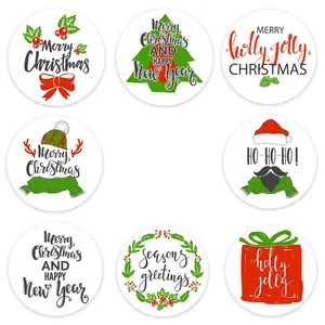 Roll of 8 Christmas kraft paper labels featuring Santa hats and trees on white background