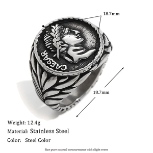 Mens silver stainless steel Caesar relief ring with antique portrait and engraving