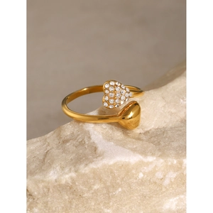 18k gold-plated stainless steel open heart ring with rhinestones on natural stone