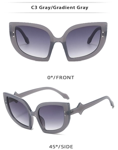 Front and side view of cat eye sunglasses with gray frames and gradient lenses