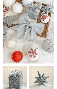 Collage of silver glitter bows, reindeer, and festive baubles on snowy wooden backdrop