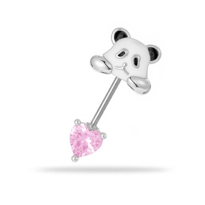 Orecchino a perno panda con cristallo a cuore rosa in acciaio al titanio