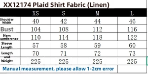 Size chart for women's plaid linen shirt with precise measurements in centimeters