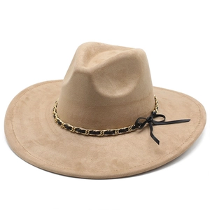 Classic wide brim suede fedora hat in khaki featuring a woven gold chain and bow trim