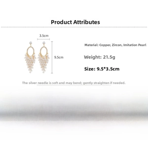 Detailed size and weight specs for vintage pearl grape tassel earrings with silver pins