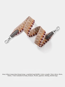 Detail of 3.8cm ethnic woven shoulder strap with grey leather ends and silver metal hooks