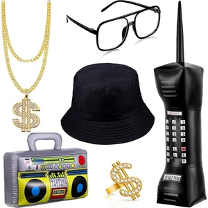 80s 90s Hip Hop set with gold dollar necklace, bucket hat, sunglasses, and props
