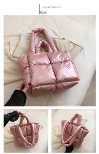 Detail view of pink quilted puffer tote bag with glossy finish and soft padded texture