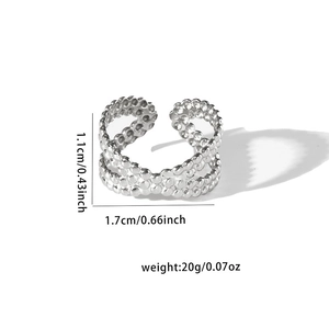 Detailed view of silver stainless steel ring with size and weight measurements included