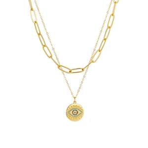 Double-layered golden paperclip necklace with evil eye pendant and micro-set colorful stones