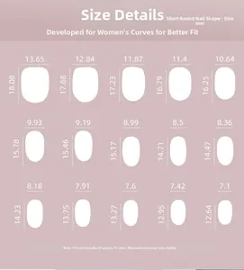 Size chart showing width and length for 15 sizes of short round french press-on nails