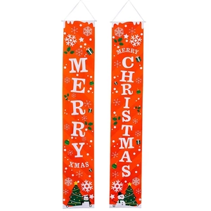 Christmas Merry Christmas banners set with orange background, snowmen and festive trees