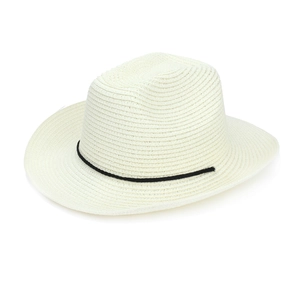 Detail of the woven texture and minimalist black rope band on the beige straw fedora