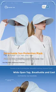 Detail of detachable cooling face mask and ponytail sun hat in sky blue ice silk fabric