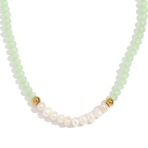 Fresh handmade necklace with light green crystal beads and nine white freshwater pearls