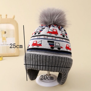 Winter knit hat for kids with earflaps, excavator pattern and measurements 25x20cm