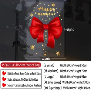 Size chart for Christmas static stickers showing dimensions from S to XXL with UV printing