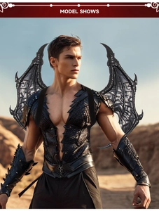 Detailed view of black dragon wings with scaly leather vest in a desert setting