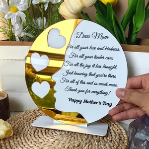 Acrylic Mother's Day round plaque with gold mirror heart design and a white stand